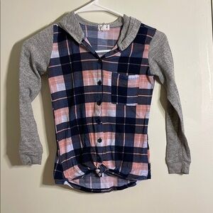 3/$15. Plaid Hooded Kids Shirt in Navy, Pink, and Gray